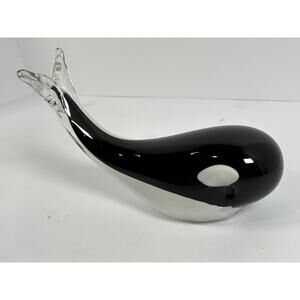 Vintage Murano Style Art Glass Orca Whale Figurine Black White Hand Blown 10”
